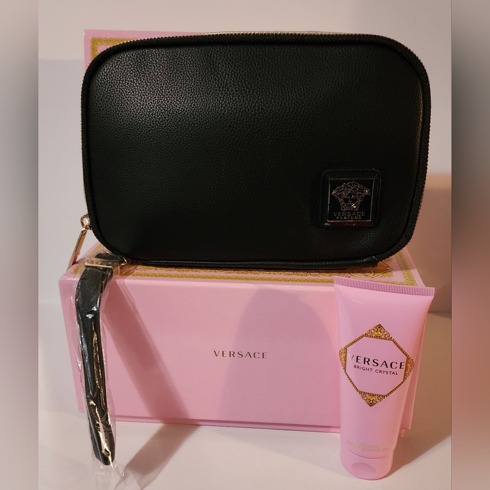 Versace black and gold travel bag with new and sealed Bright Crystal Body Wash
